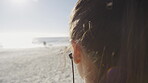 Woman, head or earphones in beach workout, training or exercise for marathon fitness, cardiology healthcare or wellness in handheld. Zoom, nature sports or runner listening to motivation music radio