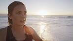 Woman, face or tired on sunset beach in running workout, training or exercise in marathon, cardiology or healthcare wellness, Runner, sports athlete or personal trainer by ocean, sea or sunrise water