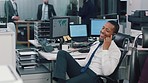 Black man, smile and phone call conversation in office, business or communication. Trader, stock market and telephone for talking, happy or working for startup trading company or relax in work chair