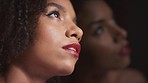 Beauty, mirror and woman in studio for skincare, reflection and glamour, hygiene and treatment on black background. Black woman, model and makeup, wellness and cosmetics, luxury and sexy aesthetic