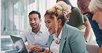 Laptop, winner and news of team in office with workplace goal, success and achievement together. Celebration, winning and happy corporate business people reading email on company partnership.