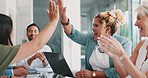 Business people, high five and applause for success, celebration and deal of teamwork, collaboration and support, motivation and goals. Diversity group of happy workers clapping hands for achievement