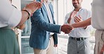 Deal, success and applause with handshake of business people for contract, winner and partnership. B2b, global and  congratulations with employee shaking hands for agreement, achievement and future