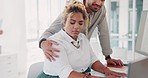 Sexual harrasment, workplace abuse and business woman with inappropriate manager touching shoulder at computer desk with company policy problem. Man giving employee anxiety with human resources issue