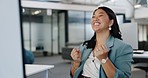 Business woman, computer and success celebration while reading email or notification about sales, target achievement and bonus. Employee face surprised, excited and happy about win or investment goal