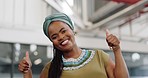 Black woman, thumbs up and smile at work with pride for African culture, tradition and heritage while walking with positive mindset. Portrait of female employee with happiness and approval of success