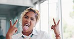 Business woman, peace sign and hands while making a funny face for fun with a positive mindset, happiness and cool attitude at work. Face portrait of a young employee showing hand for motivation