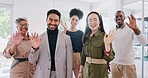 Creative business people, waving and smile in about us for introduction, greeting or corporate team startup at the office. Group portrait of happy employee workers smiling with wavy hands for welcome