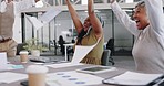 Applause, success or happy business people in meeting in celebration of sales growth goals or kpi target achievement. Excited, winners or team of employees celebrate winning or throw paperwork in air