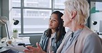 Business, women and conversation in office, marketing planning and advertising campaign. Females, ceo and employees for sales growth, manager explain system and communication for process and speaking