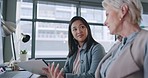 Business, women and conversation in office, marketing planning and advertising campaign. Females, ceo and employees for sales growth, manager explain system and communication for process and speaking