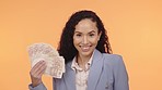 Portrait, finance and woman with cash, success and achievement with girl against a studio background. Face, female and lady with money, celebration and winner with financial growth and investment