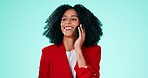 Black woman, happy phone call and smile in studio with conversation, beauty or chat by blue background. Gen z girl, comic joke or business networking with happiness, aesthetic and funny gossip story