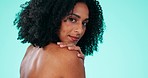 Skincare, soft skin and face of a black woman with beauty, wellness and spa aesthetic. Isolated, studio background and female model portrait feeling cosmetic care and glow from dermatology treatment