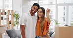 New home, keys and face of happy couple in apartment, property and real estate loan of residential investment. Portrait of young man, woman and partner moving in with key to building for relocation