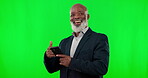 Happy, phone and face of a black man on a green screen isolated on a studio background. Excited, pointing and portrait of a senior businessman with a mobile for good news, email and notification