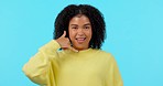 Face, pointing and woman with call me sign isolated on a blue background mockup space in studio. Portrait, phone hand gesture and happy African person with emoji for contact, communication and funny.