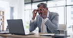 Business, headache and man with a laptop, angry and glitch in the workplace, error and mistake. Male person, employee or professional with technology, pc and consultant with anxiety, stress and anger