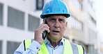 Phone call, man and engineer with planning, outdoor and conversation with inspection, connection and network. Male person, architect and employee with a smartphone, communication and site schedule