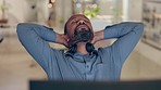 Black man, call center and relax on break in customer service, support or telemarketing at the office. African businessman, consultant or agent resting with hands behind head for done or completion