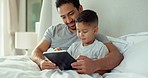 Dad, kid and tablet in bedroom for online storytelling, multimedia games or reading ebook. Man, father and child relax in morning with digital technology, streaming cartoon or watching movies at home