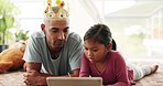 Love, tablet and father with girl child on a bed for games, bond and fun while playing with a crown in their home. Online, e learning and kid with parent in a bedroom for streaming, movies or playing