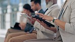 Technology, line and business people waiting for a job interview in the office checking their cv. Hiring, recruitment and closeup of corporate employees with digital tablet for a meeting in workplace