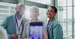 Phone, photography and team of business people in office, happy memory and smile in company lens flare. Smartphone, picture and friends, professional and group, man and mature woman on social media