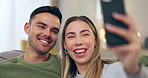 Laughing, funny face and a couple for a selfie on home sofa for connection, social media or memory. Young man and woman together on couch for profile picture for internet, network or healthy marriage