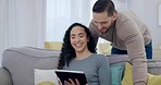 Home, relax and couple with a tablet, smile and connection for social media, website information and conversation. Technology, man and woman in a lounge, talking and mobile app for internet and email