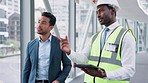 Tablet, teamwork or construction with a manager and architect in a building for planning a development project. Technology, vision or collaboration with an engineer and designer talking maintenance