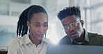 Business people, computer and planning, collaboration or teamwork, website design ideas and training. Professional designer, african man and woman talking and typing on laptop for solution or advice