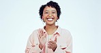 Face, funny and woman with a smile, excited and humor on a white studio background. Portrait, person and model with happiness, applause and laughing with joke, cheerful and energy with mockup space