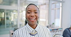 Black woman, laughing and portrait for business in an office with a positive attitude and a smile. Face of a professional African person from Kenya with pride for career or company and a funny joke
