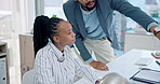 Coaching, mentor and computer with business people in office for planning, teamwork and consulting. Feedback, website and review with African employees for training, collaboration and manager