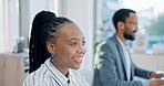 Happy black woman, business and working on computer in office for planning online report, email and internet research. Face of african worker at desktop pc for information update in coworking company