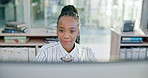 Business, black woman and smile at computer in office for planning online report, typing email and internet research. Face of worker at desktop tech for project update, administration and information
