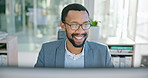 Business, happy black man and computer in office for planning online report, reading email and research on internet. Face of worker with glasses at desktop for project update, information or analysis