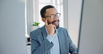 Thinking, computer and businessman working in the office doing research for a legal project. Technology, proud and professional African male attorney planning for a law case in the modern workplace.