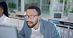 Reading email, black man and a computer at work for information or corporate communication. Office, connection and an African businessman with a pc in the workplace for inspiration or working