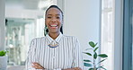 Black woman, smile and portrait for business with arms crossed in office for positive attitude. Face of a professional African person from Kenya with confidence and pride for career or company
