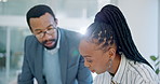 Collaboration, training and a business team planning in the office while talking about ideas together. Teamwork, communication or coaching with a mentor and employee in the workplace for discussion