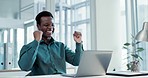 Business man, winner and computer for success, celebration and stock market increase, sales or profit. Professional african person or trader with fist, wow and yes for email news or trading on laptop