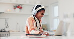 Headphones, success and child with a laptop at home for e learning, education and online win. Excited student kid with a fist and technology for internet, school work and development or achievement