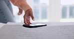 Bed, reaching for phone and hands of person in home for social media, internet and website. Technology, networking and closeup of smartphone in bedroom for communication, contact and connection