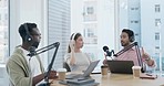 Podcast, mic and people in office for discussion, conversation and speaking for live streaming. Social media, influencer team and men and women with technology for broadcast, radio and communication