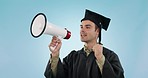 Student speech, graduate man and megaphone announcement, news or college speaker opinion, noise or info. Studio microphone, university communication or learning education broadcast on blue background