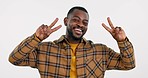 Peace, face and man in studio with smile for winning, vote and good feedback on white background. Portrait, happy african model and hands in v sign, hope emoji and icon for freedom, support and pride