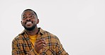 Happy, black man and dance for success in studio to celebrate party, promotion and prize deal on white background. Excited model, giveaway winner and energy for disco music, freedom and lottery bonus