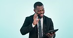 Business man, video call and wave for tablet in studio communication, internet and blue background. Professional black male person with hand for hello with technology for talking or virtual chat